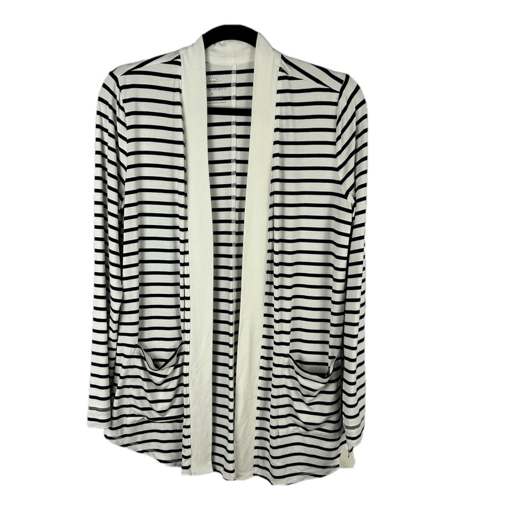 T by Talbots Striped Longline Open Front Cardigan Small White Black NWT